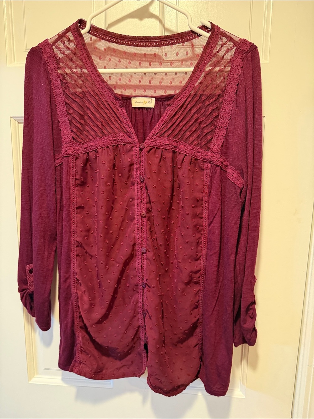 Meadow Rue Plum Lace & Dot Button-Front Blouse